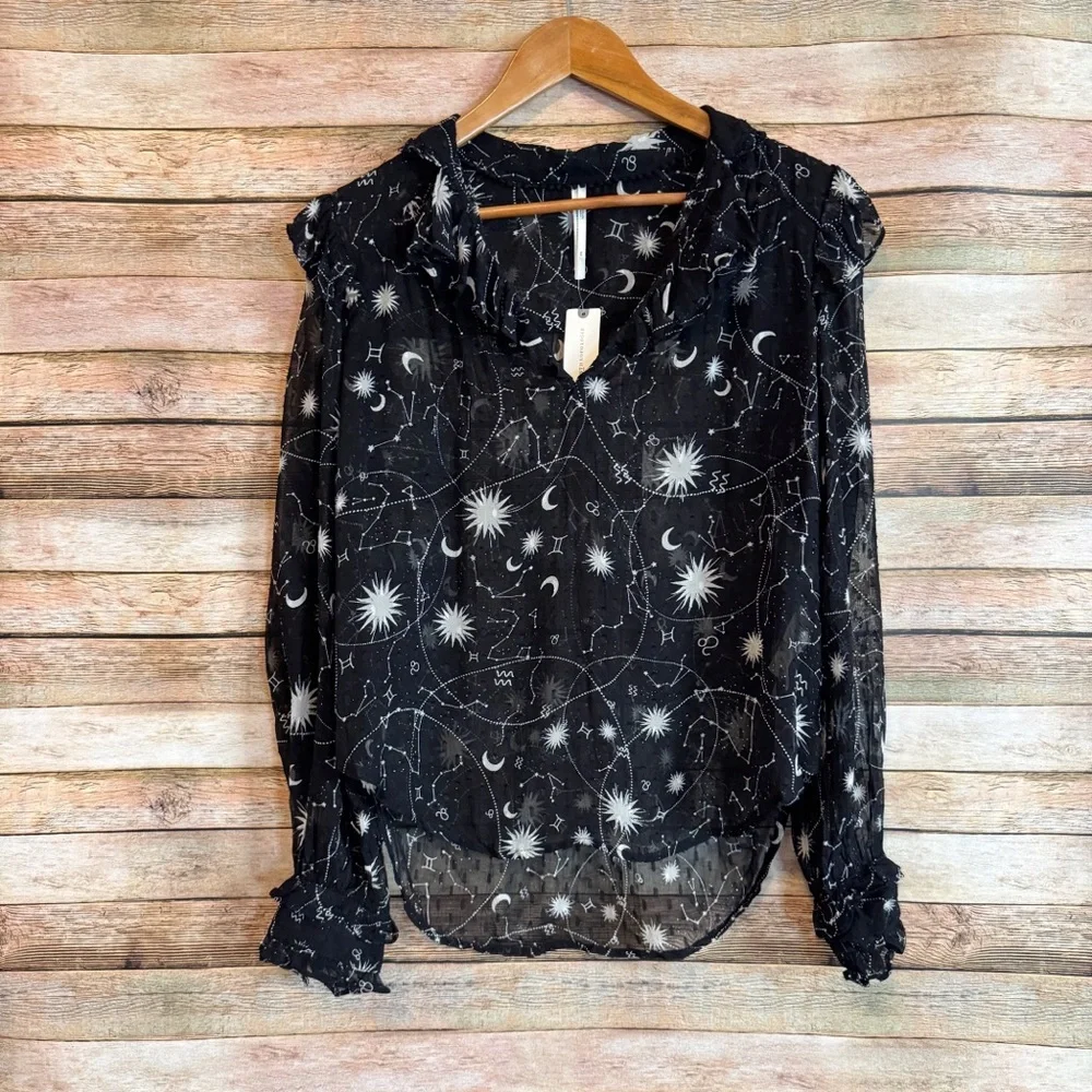 Anthropologie Celestial Star Constellations Space Puff Sleeve Flowy Top XS